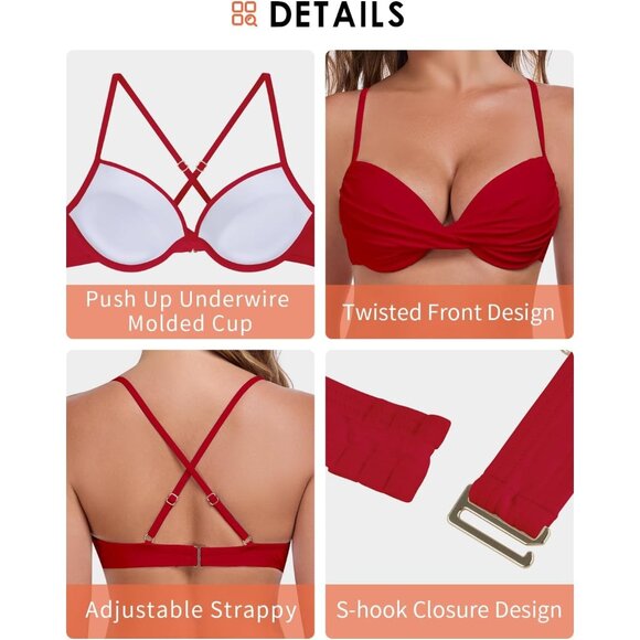 Women's Red Push Up Bikini Tops Ruched Twist Front Underwear Top Swimsuit - Picture 5 of 8